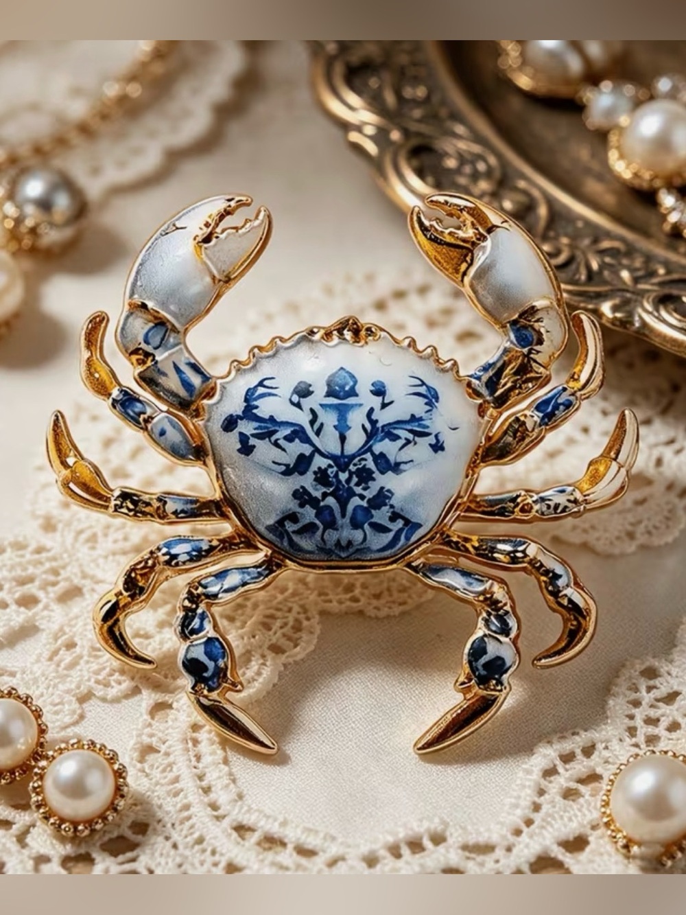 Blue & Gold Porcelain Crab Pin Brooch